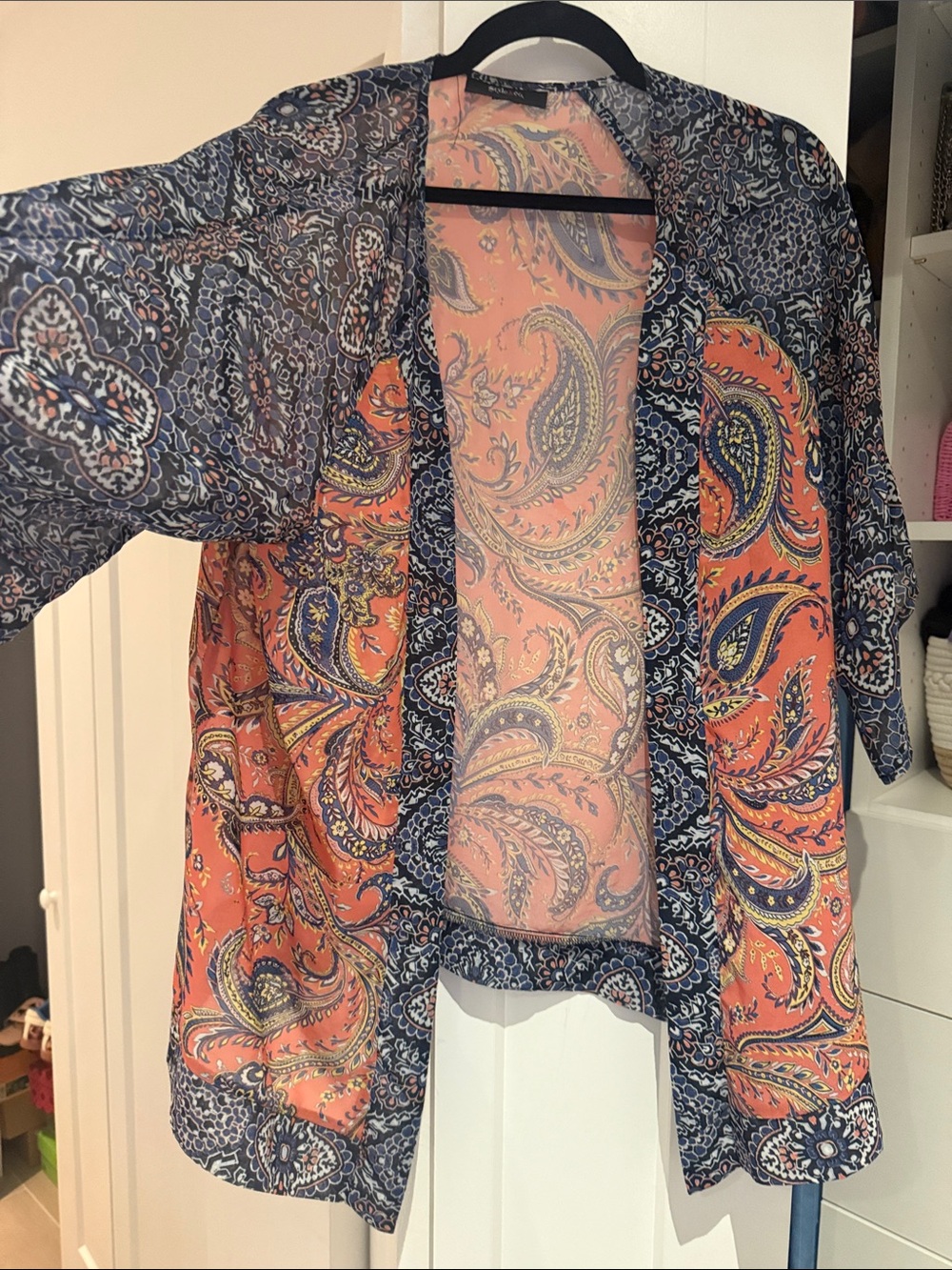 Style & Co. Coral and Navy Paisley Sheer Kimono